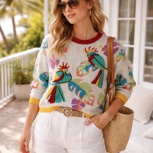 VTG Topical‎ Bird Sweater Womens Size M  Parrot Artsy Boho Cottagecore Resort